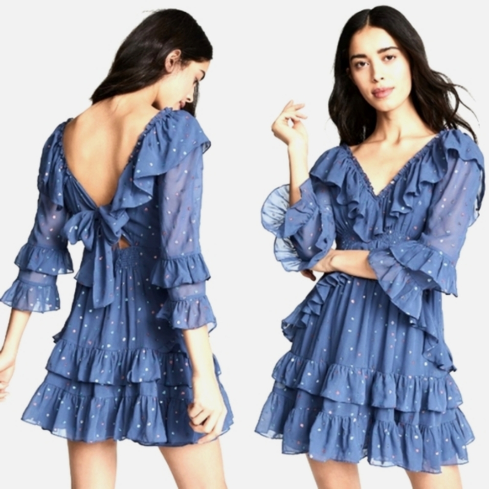 Rebecca Taylor Silk Sparkly Glitter Gem Ruffle Dress Ink sz 0 XS